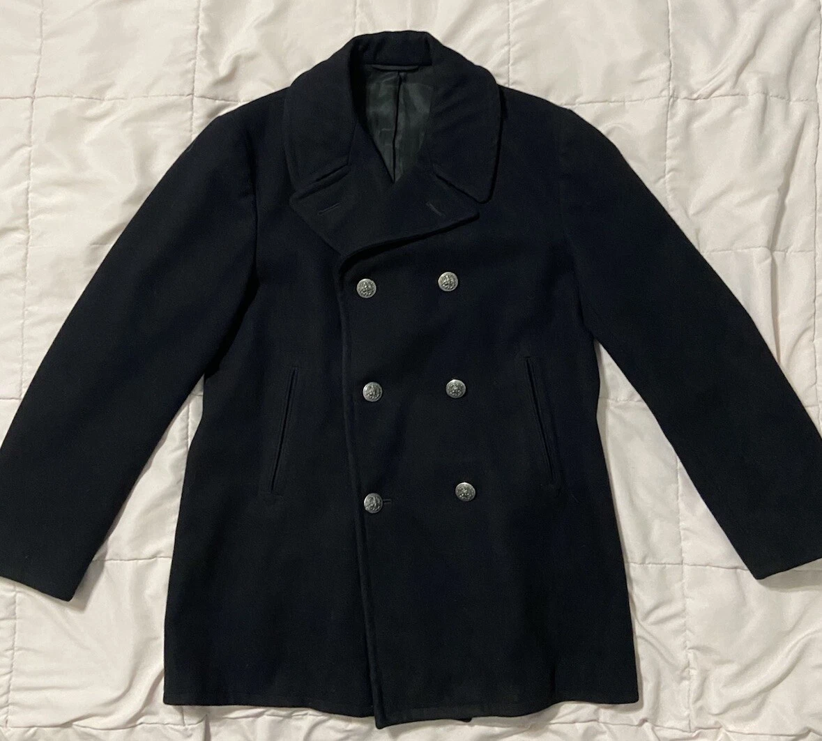 Vtg 1974 US Navy Peacoat 40R Black Melton Wool Pewter Buttons USN 70s Overcoat image 1