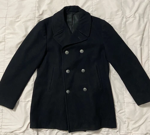 Vtg 1974 US Navy Peacoat 40R Black Melton Wool Pewter Buttons USN 70s Overcoat video thumbnail