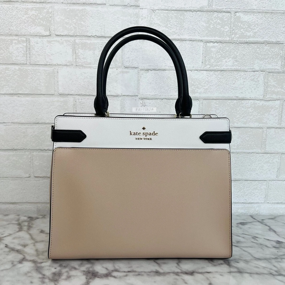 Kate Spade Staci Warm Beige Colorblock Large Satchel Crossbody Saffiano  Leather