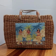 Sun N Sand Wicker Woven Hand Bag Tote Purse Beach Hawaiian Luau Palm Tree Aloha