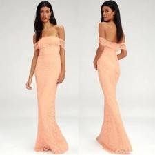 Lulu’s peach romantic heart off shoulder lace mermaid maxi gown dress medium