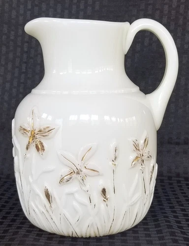 Vintage Blown Milk Glass Opaque White Decorated Gold Floral 2 Quart Pitcher