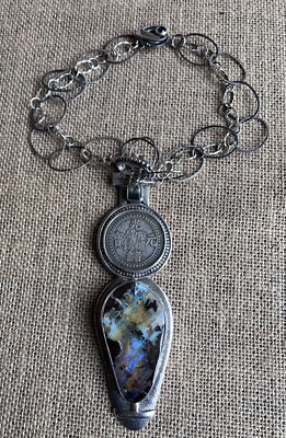 Large rare natural matrix opal and coin set in sterling silver pendant necklace