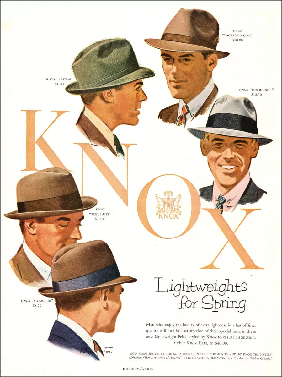 1950s vintage AD KNOX Men's Hats Spring Lightweights , Foxhound