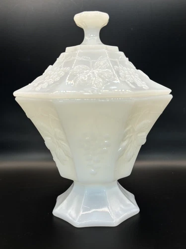 Vintage Anchor Hocking Milk Glass Octagon Compote Candy Dish/Grapes/W/Lid...