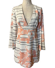 Halston Heritage Dress 6 Stretch Deep V Slit Sleeve Ivory Black Orange