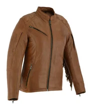 Vance Leather HML703T Motorcycle Jacket Brown Fringe Rivet Leather MCJ