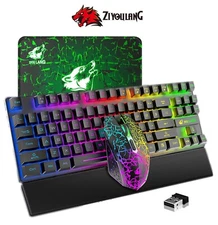 Wireless 87-Key Gaming Keyboard Mouse Rainbow Backlight RGB Mouse+Wrist Rest