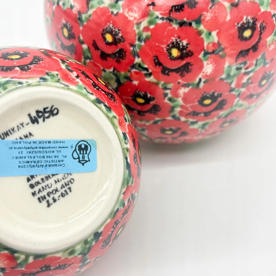 Dekovase Einzigartiger Bunzlauer Keramikvase handbemalt Mohnmotiv Unikat 12 cm - Bild 3 von 4