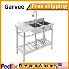 39 18 40Inch Commercial Kitchen Sink with Faucet and Storage Shelves Double Bow
