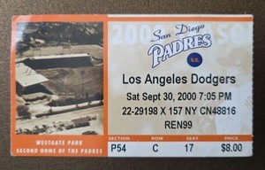 San Diego Padres Los Angeles Dodgers Baseball Ticket 9/30 2000 Xavier Nady Debut