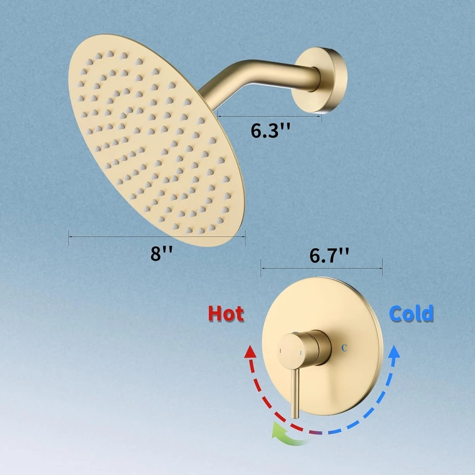 Juego de Grifo de Ducha Baño 8 Pulgadas Lluvia Ducha Cabezal y Manijas Juego Dorado Foto 3 de 4