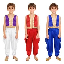 Kids Arabian Prince Dress Up Vest Open Front Waistcoat Top with Satin Dhoti Pant