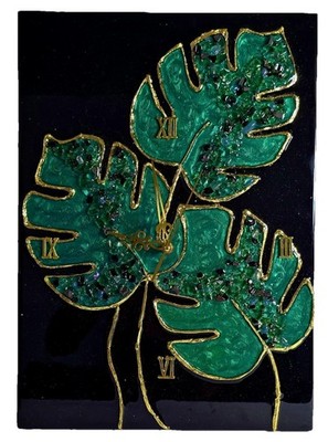 Handmade Resin Wall Clock Tropical Green Leaves Gold Modern Art Decor