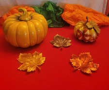 Beautiful FALL DECOR Lot of 5 Pumpkins And Resin Coated Leaves. Excellent Cond.