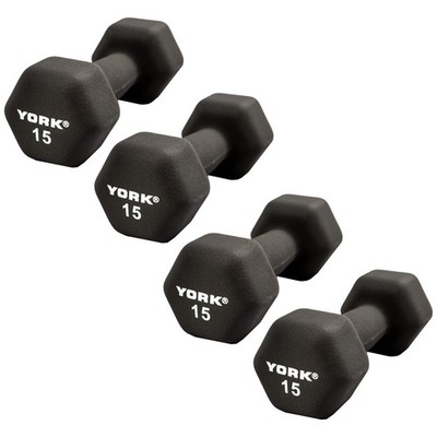York Barbell Neoprene Hexagon Dumbbells with Cast Ergo Handle (15lb, Pack of 4)