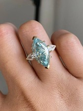 Cyan Blue Marquise Moissanite Engagement Ring, 14K Gold Three Stone Ring
