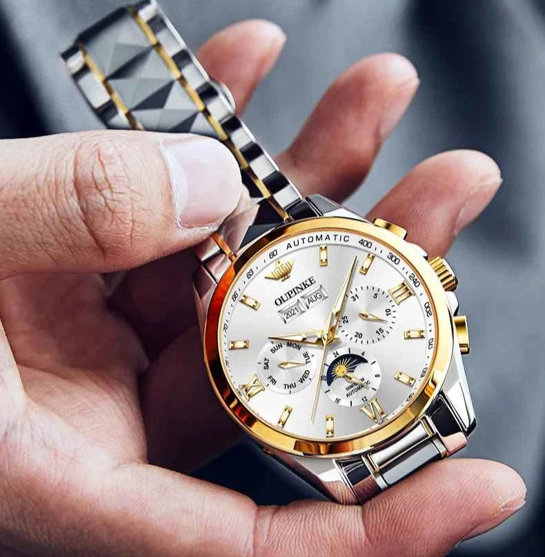 Reloj mecánico automático impermeable fase lunar esfera de lujo correa para hombre Foto 4 de 4