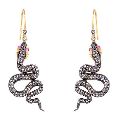 Snake 14K Gold Diamond Pave Dangle Earrings 925 Silver Wedding Fine Gift Jewelry - Picture 3 of 7