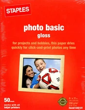 Staples Photo Basic Gloss Paper 50 Sheets For Inkjet Printers 8.5”X11” New