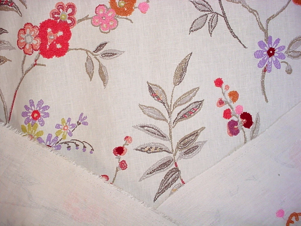 2-7/8Y Mulberry FD263 Fleurie Floral Embroidered Linen Print Upholstery Fabric - Image 4 of 4