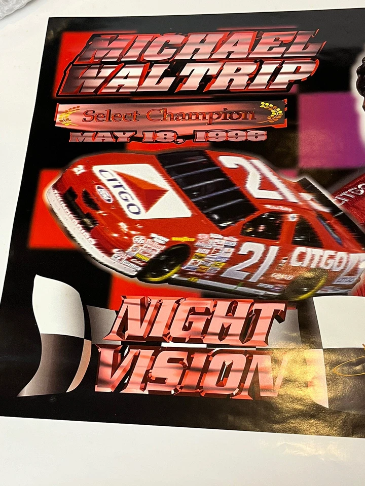 1996 Night Vision Poster Michael Waltrip Autograph Select Champion May 18 COA - Imagem 3 de 4