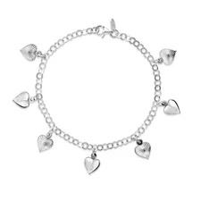 Italian 925 Solid Sterling Silver Puffed Heart Charm Anklet 10" For Women