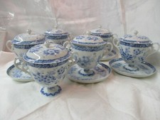 Antique bone china blue & white 6 Footed Cream Soup Bowls with Lid & Underplate