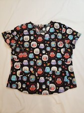 ScrubStar scrub top womens L owls pockets v-neck black 100 cotton medical vet