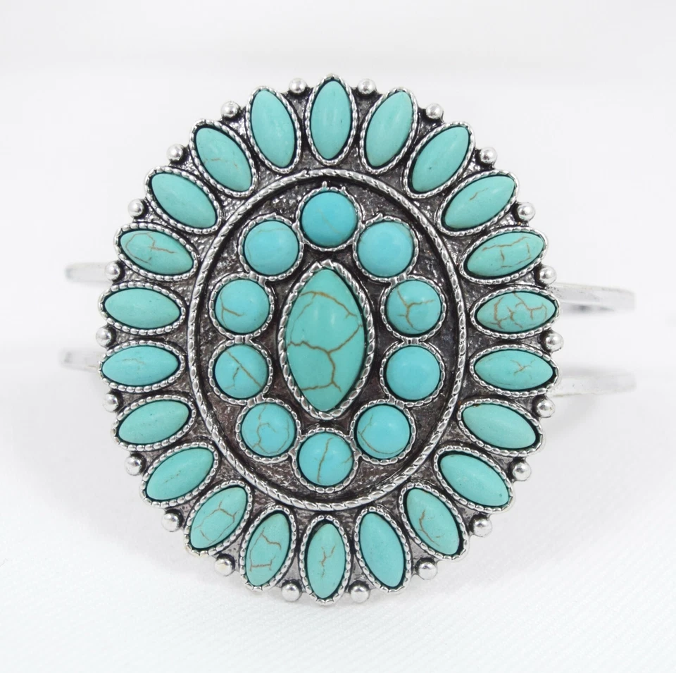 Pulsera con bisagra de flor de calabaza turquesa imitación azul bohemio del suroeste  Foto 2 de 4