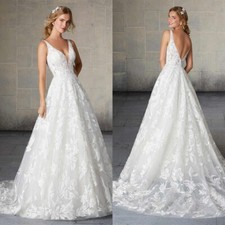 Sleeveless Wedding Dresses Applique Lace Backless Sweep Train V Neck A Line Net