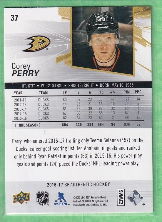 2016-17 SP Authentic #37 Corey Perry Anaheim Ducks - Image 2 of 2