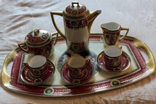 Vintage Czechoslovakia Gold Gilt Tea Set, Tea Pot, Creamer, Sugar, 3 Demitasse