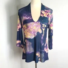 Viereck Multicolor V-Neck Top, Teal w/Splashes of Yellow, Purple & Pink Sz Small