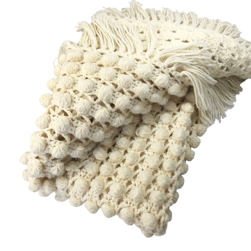 Afghan Bobble Stitch Crochet Ivory Cream Blanket Textured Handmade Crocheted