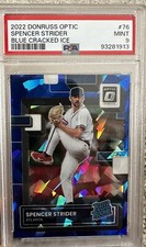 2022 Donruss Optic Spencer Strider Rated Rookie, Blue Cracked Ice  / 7….PSA 9