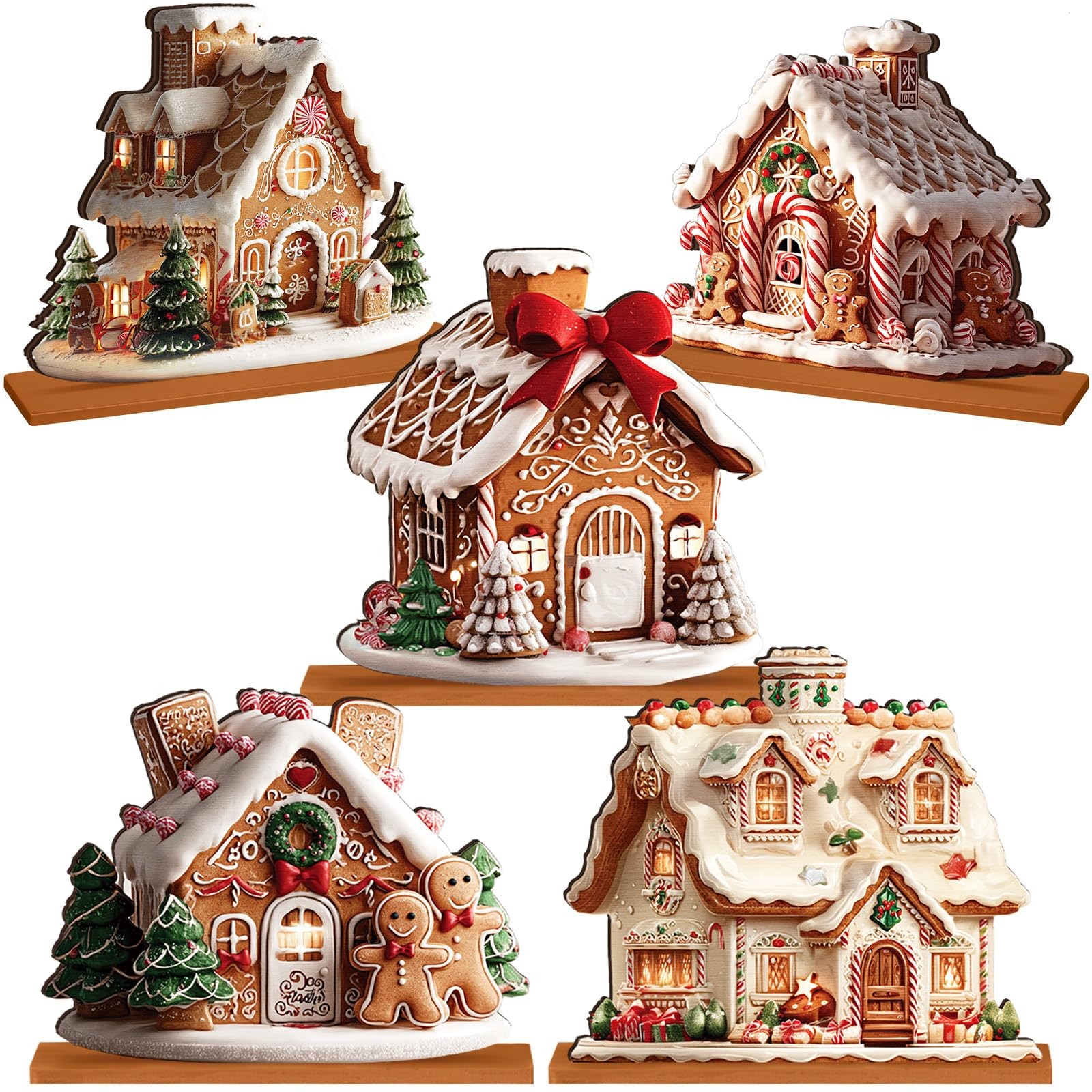 Chunful 5 Pcs Gingerbread Christmas Table Decorations Wooden Gingerbread Hous...
