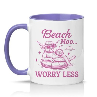 Beach Moo Worry Less Damen 11 Unzen Keramiktasse Highlandkuh Sommergeschenk für sie