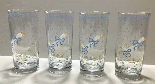 Vintage 1987 Anchor Hocking Farm Country Goose Blue Bow 16 Oz Tumblers Set Of 4