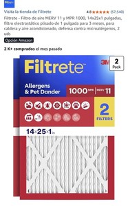 Filtrete MPR 1000 MERV 11 Pleated Air Filter 14x25x1 Allergens 2-Pack
