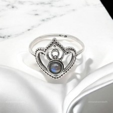 925 Sterling Silver Natural Rainbow Moonstone Band Crown Wedding Ring Jewelry