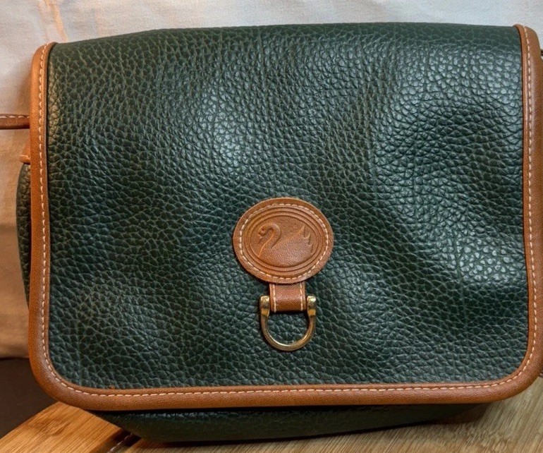 Vintage Green Brown Pebbled Leather Crossbody Shoulder Bag Swan Logo Small
