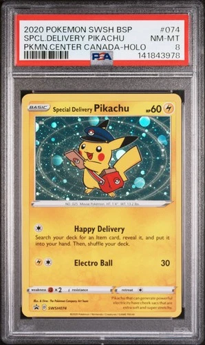 2020 POKEMON SWSH BLACK STAR PROMO #074 SPECIAL DELIVERY PIKACHU-HOLO PSA 8