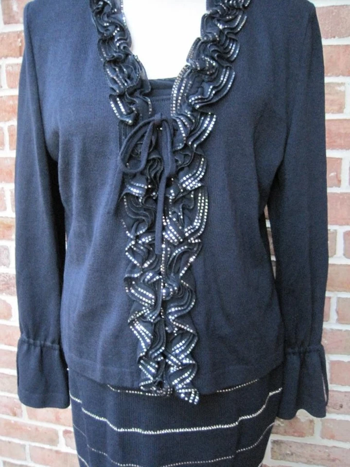 Conjunto de 3 piezas de chaqueta de lentejuelas St John Evening azul marino plateado talla 8 falda sin mangas M talla 6 Foto 3 de 4