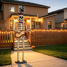 61.8" Halloween Skeleton Guitar Yard Decoration, Metal Statue with Purple Hat