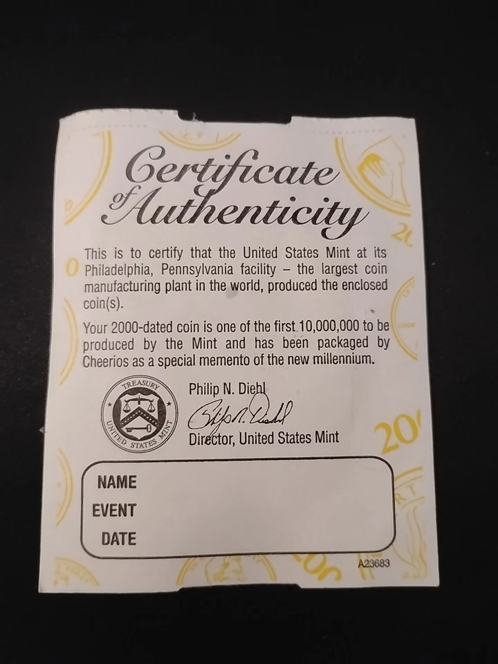 Cheerios 2000 First-Minted Penny One Cent Limited Edition Sealed w COA - Image 3 of 3