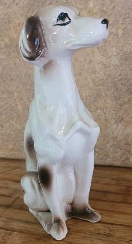 Vintage Ceramic Greyhound Whippet Dog Figurine White Brown Glossy Sitting ~ 6.5"