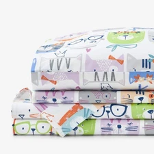 Company Kids Stylish Cats White Multi Organic Cotton Percale Queen Sheet Set