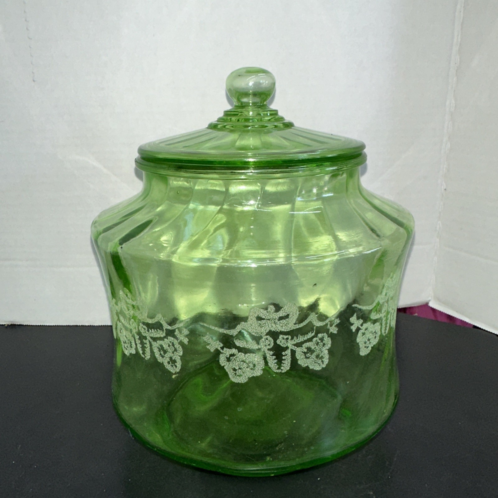 Rare Uranium Etched Glass Cookie Jar W/ Lid