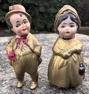 Antikes Biskuit Puppen Paar Gold Kleidung Schnur Gelenk Kopf Nicken Germany